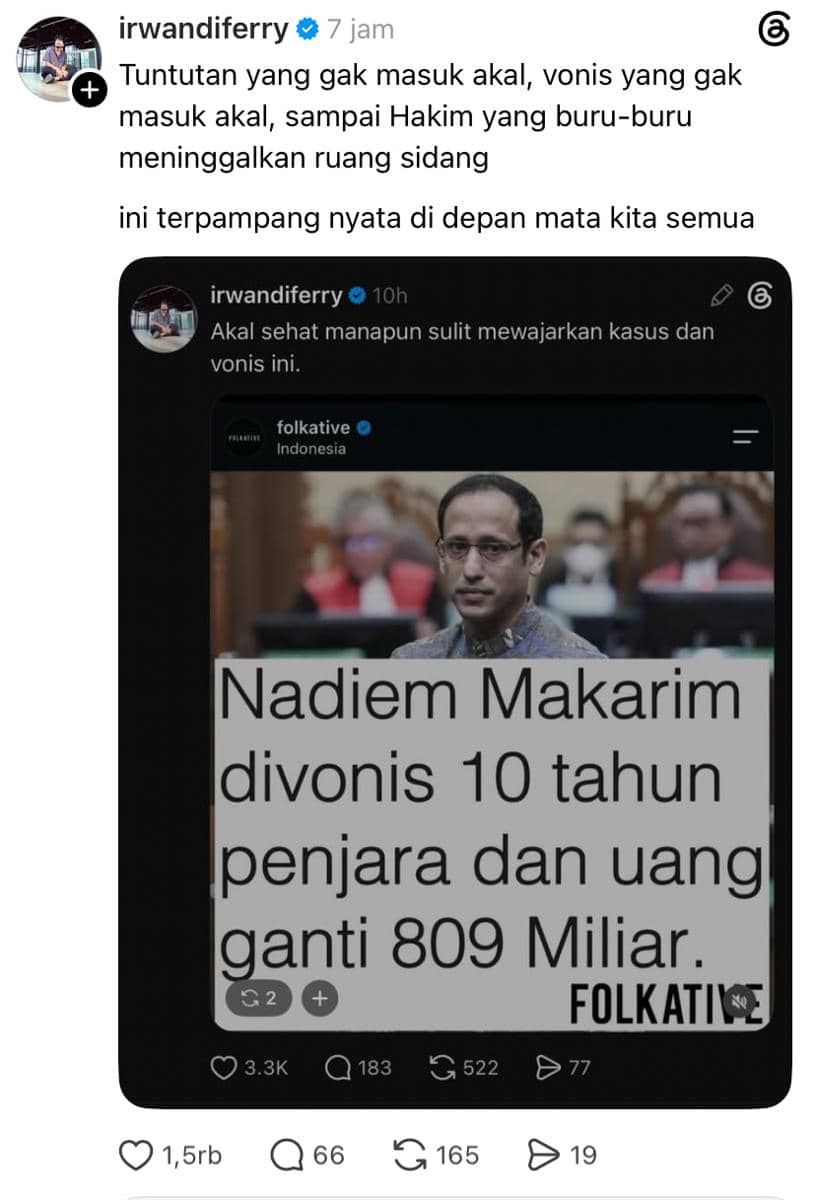 Tangkapan layar unggahan media sosial menampilkan komentar Irwandi Ferry tentang vonis terhadap Nadiem Makarim yang menuai sorotan publik.