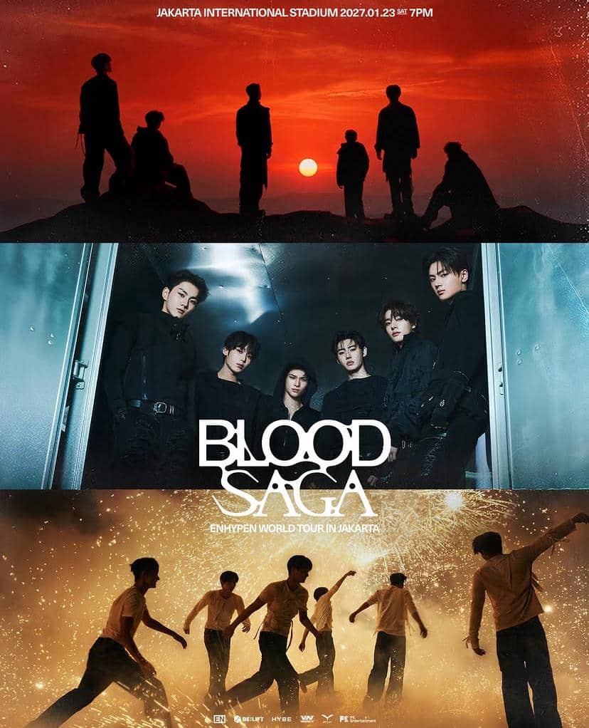 Poster tur dunia ENHYPEN bertajuk 'Blood Saga' di Jakarta menampilkan siluet anggota di matahari terbenam, pose grup, dan adegan penuh percikan api.