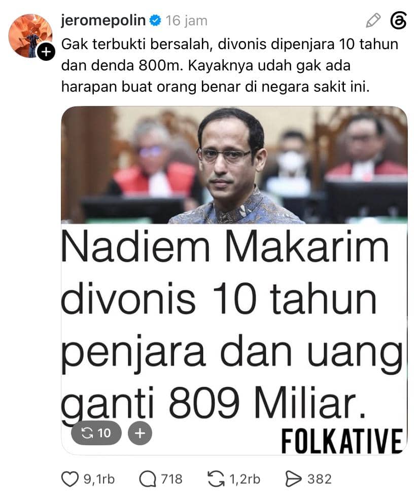 Tangkapan layar unggahan media sosial berisi komentar pengguna tentang vonis penjara dan denda besar terhadap Nadiem Makarim.