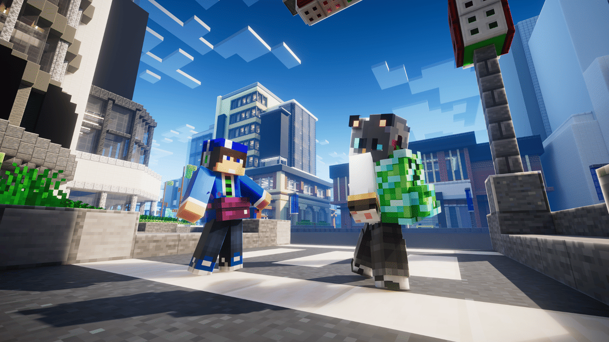 Dua karakter Minecraft berdiri di tengah jalan kota virtual dengan gedung modern di latar belakang pada acara Herschel Block Party.