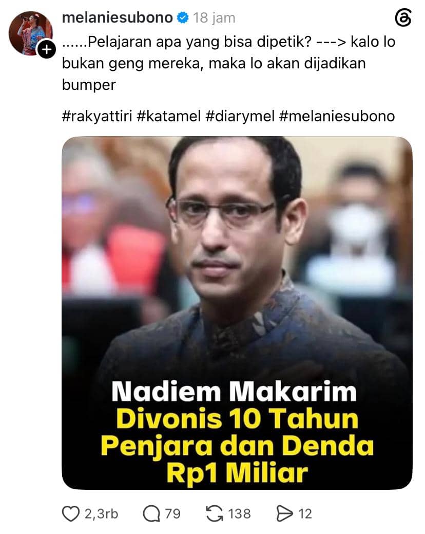 Tangkapan layar unggahan media sosial menampilkan foto seorang pria dengan teks berita mengenai vonis penjara dan denda miliaran rupiah.
