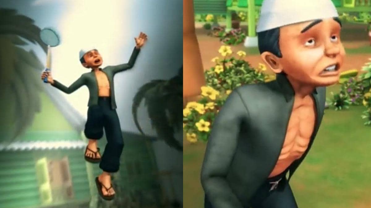 Tok Dalang melompat tinggi untuk meraih shuttlecock saat mengajari Upin dan Ipin bulu tangkis.