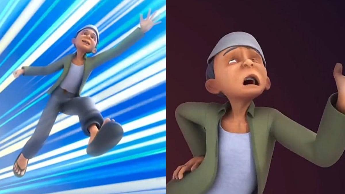 Tok Dalang mengejar perahu mainan miliknya saat bertanding dengan Upin dan Ipin.