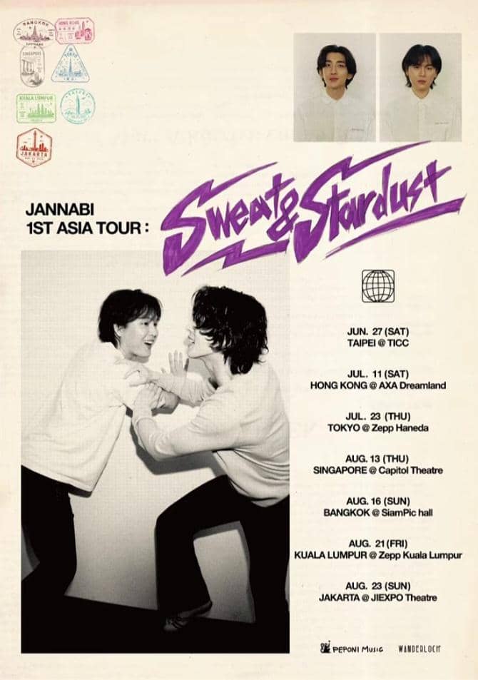 Poster tur Asia pertama Jannabi berjudul Sweat & Stardust dengan jadwal konser di berbagai kota Asia dan foto dua anggota band.