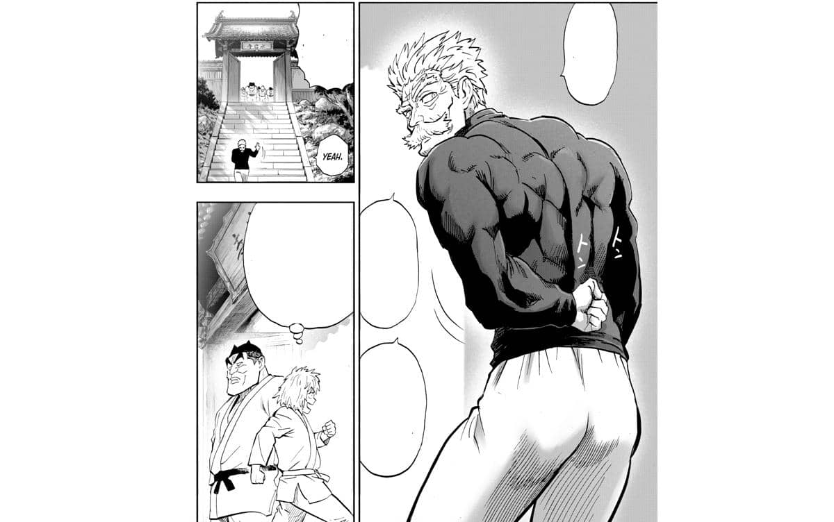 Bang, seorang master bela diri berambut putih dan berotot, berpamitan kepada murid-muridnya di depan dojo dalam panel manga.