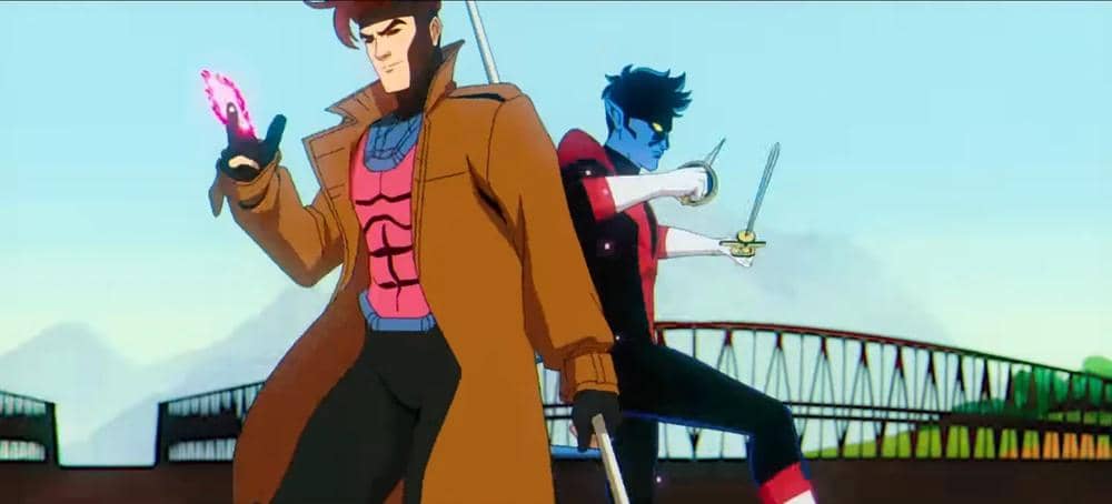 Dua karakter animasi dari serial X-Men '97 berdiri siap bertarung, satu memegang kartu bercahaya dan satu lagi memegang pedang di latar jembatan.