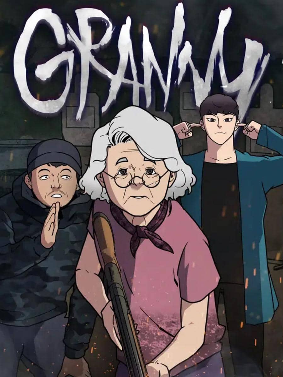 Ilustrasi karakter webtoon Granny menampilkan seorang nenek berambut putih memegang senapan dengan dua pria muda di belakangnya.