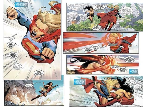 Pertarungan sengit antara Supergirl dan Wonder Woman di langit dalam panel komik DC Comics dengan latar kota dan aksi cepat.