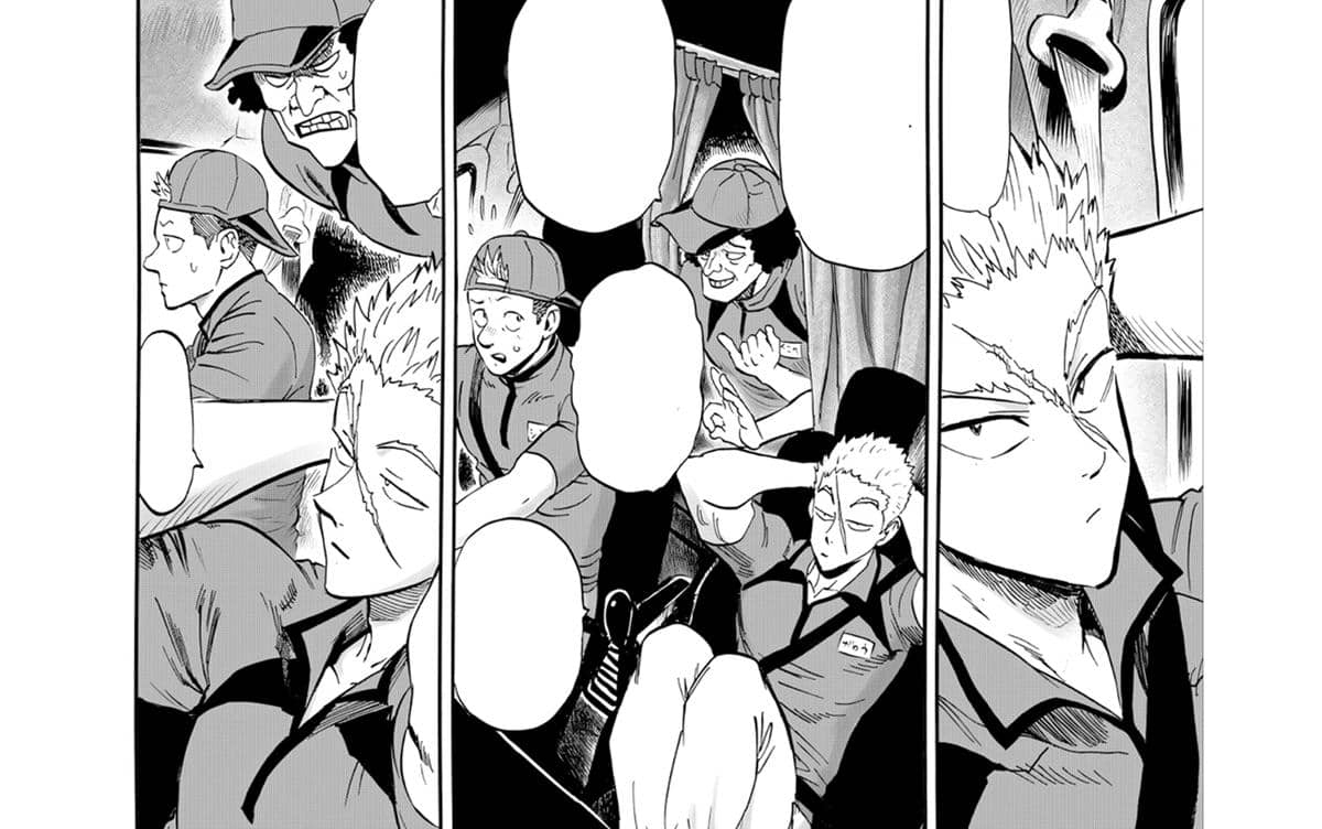 Garou duduk santai bersama rekan kerjanya di dalam kendaraan, mengenakan seragam kerja dan topi dalam panel manga hitam putih.