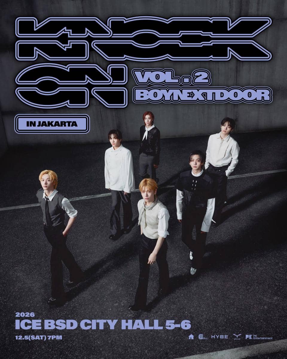 Poster konser BOYNEXTDOOR Vol. 2 di Jakarta menampilkan enam anggota grup dengan busana formal di latar jalan gelap.
