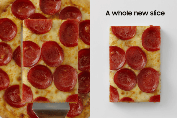 potongan pizza yang menggambarkan frasa a whole new slice pada teaser Samsung