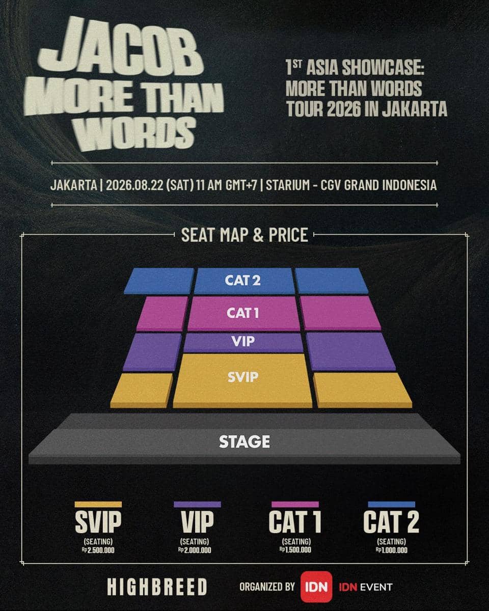 Poster jadwal dan harga tiket showcase Jacob THE BOYZ bertajuk More Than Words di Jakarta tahun 2026 dengan denah tempat duduk.