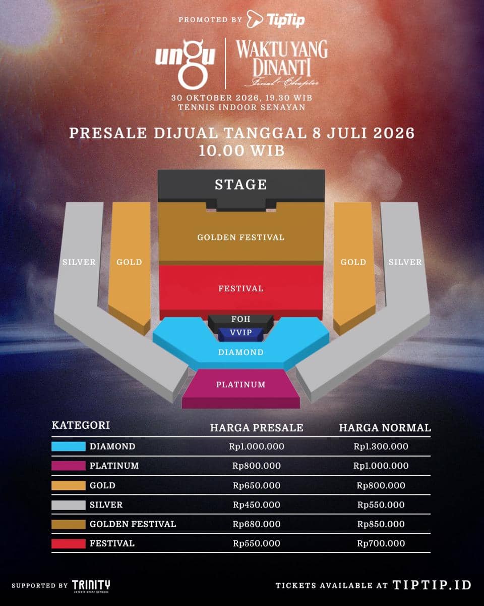 Poster konser Ungu bertajuk Waktu yang Dinanti Final Chapter dengan jadwal konser, kategori tiket, harga presale, dan denah tempat duduk di Tennis Indoor Senayan.