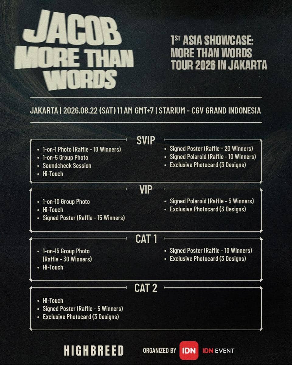 Poster jadwal dan kategori tiket showcase Jacob More Than Words Tour 2026 di Jakarta dengan detail benefit tiap kategori.