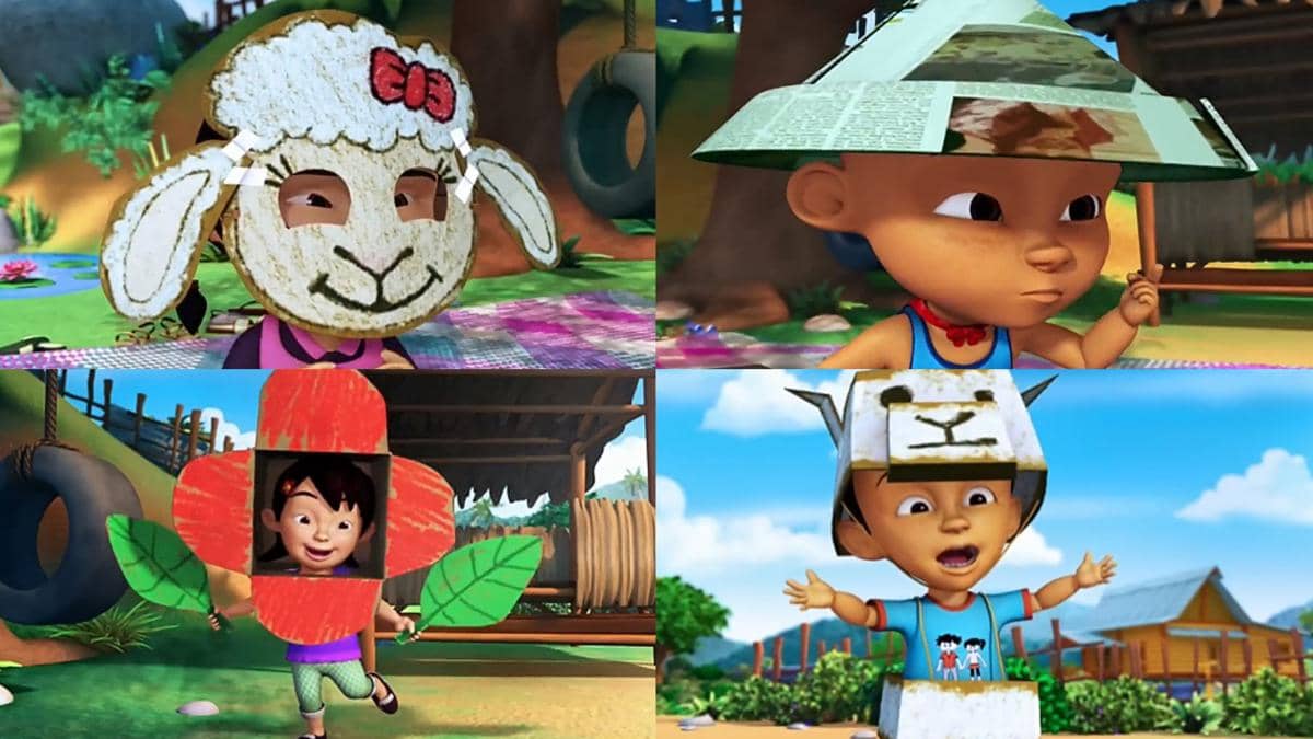 Murid Kelas Aman dalam animasi Upin & Ipin membuat kostum pentas dari kardus.