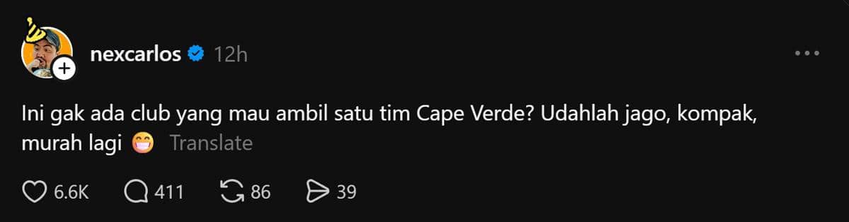 Unggahan akun Threads nexcarlo memuji tim Cape Verde di Piala Dunia dengan komentar lucu dan mendapat banyak tanggapan pengguna.