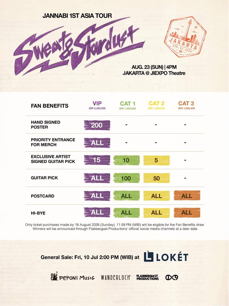 Poster jadwal dan harga tiket konser Jannabi 1st Asia Tour bertajuk Sweat & Stardust di Jakarta tahun 2026 dengan detail kategori tiket dan manfaat penggemar.
