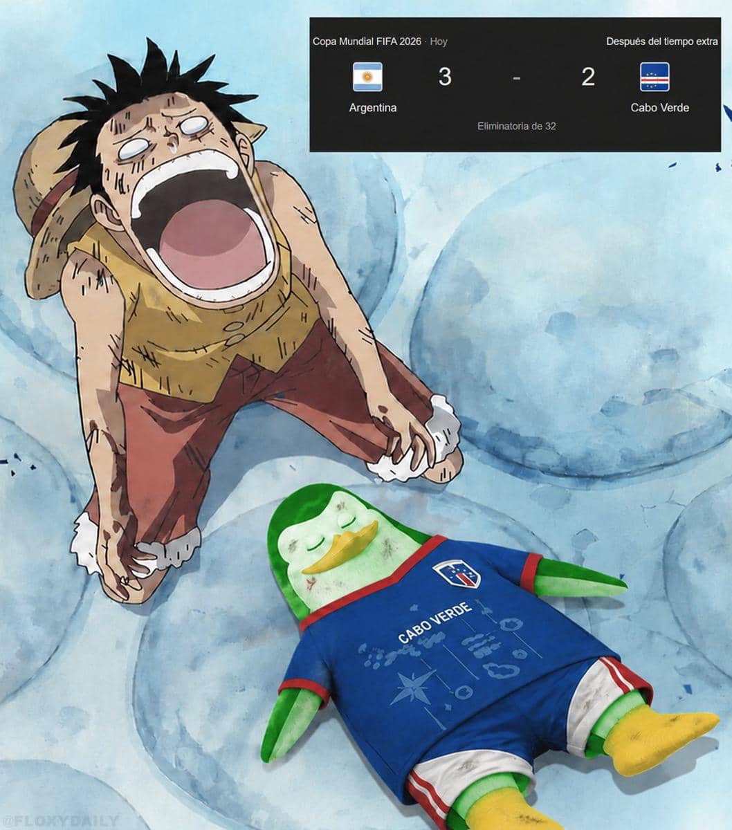 Ilustrasi karakter anime menangis di samping boneka mengenakan jersey Cabo Verde dengan skor pertandingan Argentina 3-2 Cabo Verde di layar.