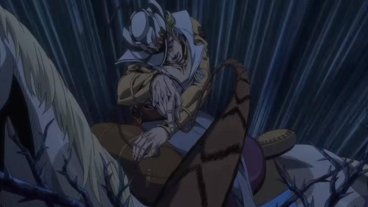 Mountain Tim, seorang koboi dari anime Steel Ball Run, menunggang kuda sambil bersiap menggunakan kemampuannya di tengah suasana tegang.