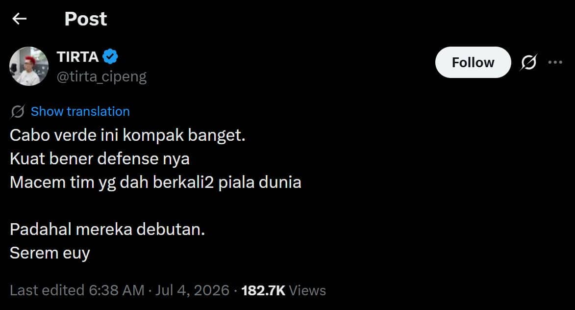 Tangkapan layar unggahan akun X @tirta_cipeng yang memuji kekompakan dan pertahanan tim nasional Cabo Verde di Piala Dunia 2026.