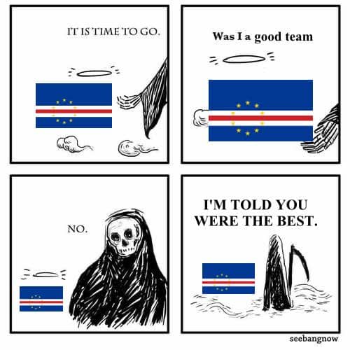 Meme empat panel bergambar bendera Cape Verde berbicara dengan Grim Reaper setelah tersingkir dari Piala Dunia, dengan nada humor dan emosional.
