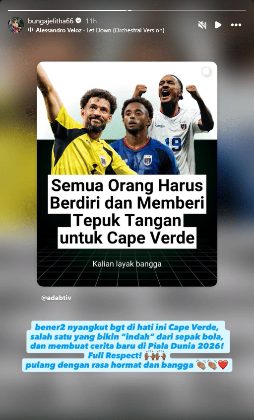Unggahan Instagram berisi pujian untuk tim nasional Cape Verde di Piala Dunia, dengan foto tiga pemain mengenakan seragam tim dan teks motivasi.