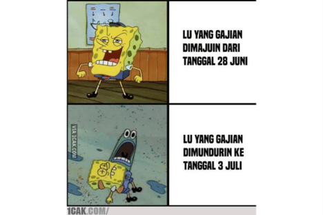 Meme karakter SpongeBob dengan dua panel lucu menggambarkan perbedaan reaksi saat gaji dimajukan dan saat gaji ditunda.