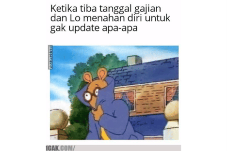 Meme lucu bergambar karakter kartun mengenakan jaket biru dengan ekspresi waspada disertai teks tentang menahan diri saat gajian.