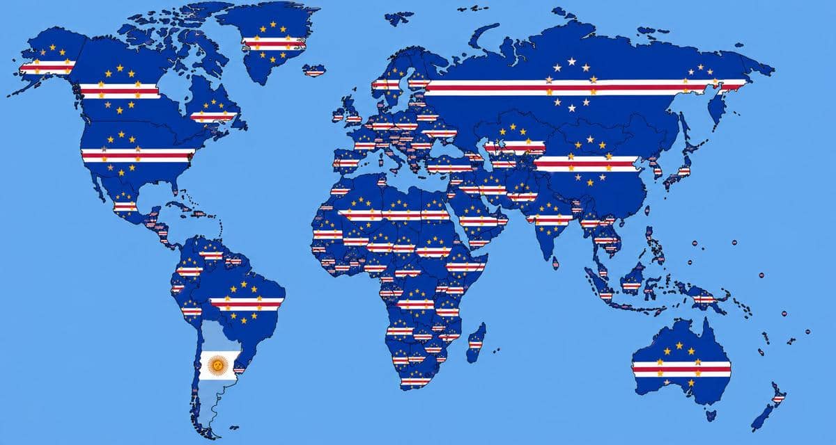 Peta dunia dengan semua negara berwarna seperti bendera Cape Verde, kecuali Argentina yang memakai bendera nasionalnya.