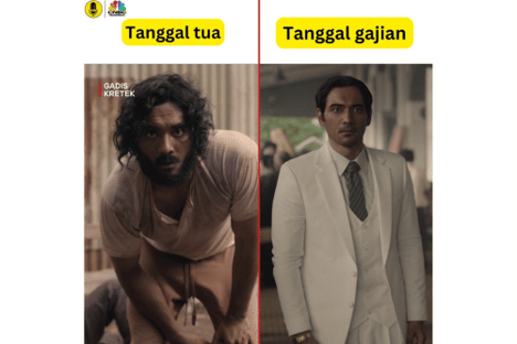 Perbandingan dua pria, satu berpenampilan lusuh dengan rambut acak-acakan dan satu lagi berpakaian rapi mengenakan jas putih, menggambarkan suasana sebelum dan sesudah gajian.