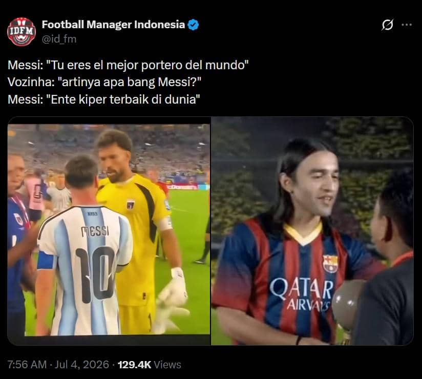 Meme lucu di media sosial menampilkan pemain Argentina bernomor punggung 10 berbicara dengan kiper lawan dan adegan parodi dengan pemain berjersey Barcelona.