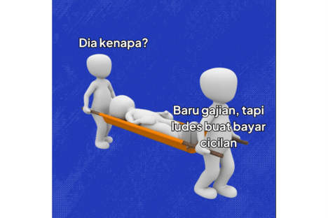 Ilustrasi tiga figur manusia 3D, dua mengangkat tandu berisi satu figur lain dengan teks lucu tentang gaji habis untuk cicilan.