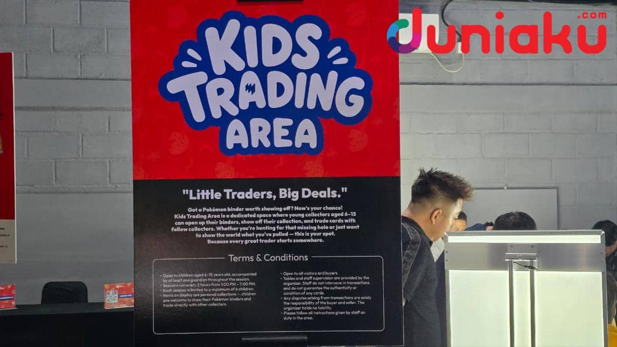 Area Kids Trading di acara The Market Vol. 3 oleh FanCon dengan papan informasi berwarna merah dan biru serta pengunjung di sekitarnya.