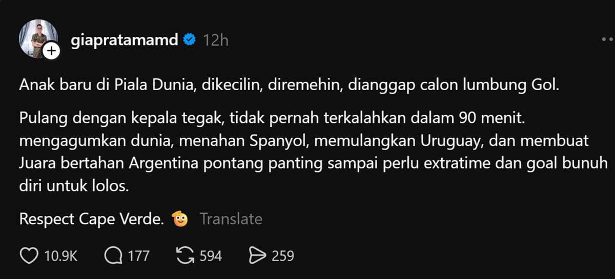 Unggahan Threads dari akun giapratamamd yang memuji perjuangan tim nasional Cape Verde di ajang Piala Dunia.