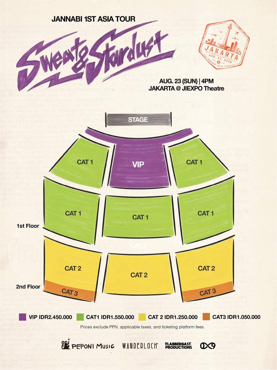 Poster tur Asia pertama Jannabi bertajuk Sweat & Stardust di Jakarta menampilkan denah tempat duduk dan harga tiket konser tahun 2026.