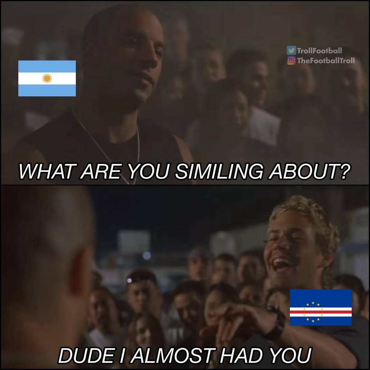 Meme dua adegan film dengan bendera Argentina dan Tanjung Verde, menggambarkan reaksi setelah Tanjung Verde tersingkir dari Piala Dunia.