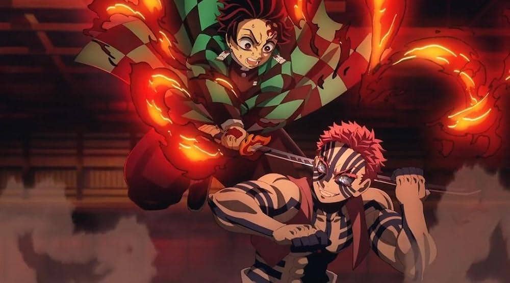 Dua karakter anime Demon Slayer bertarung sengit di dalam kastil dengan pedang menyala api dan ekspresi penuh tekad.