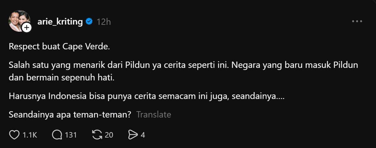 Tangkapan layar unggahan Threads dari akun arie_kriting yang memuji perjuangan tim Cape Verde di Piala Dunia dan membandingkannya dengan Indonesia.