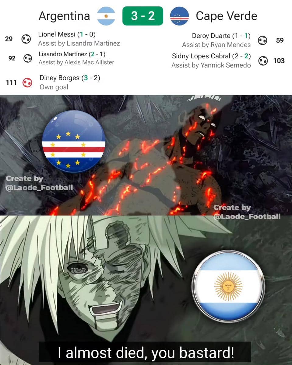 Meme pertandingan Argentina vs Cape Verde berakhir 3-2 dengan ilustrasi karakter anime menggambarkan perjuangan sengit kedua tim.