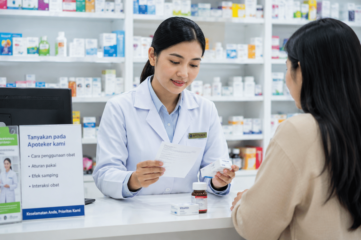 Apoteker memeriksa resep sebelum menyerahkan obat kepada pasien di apotek.