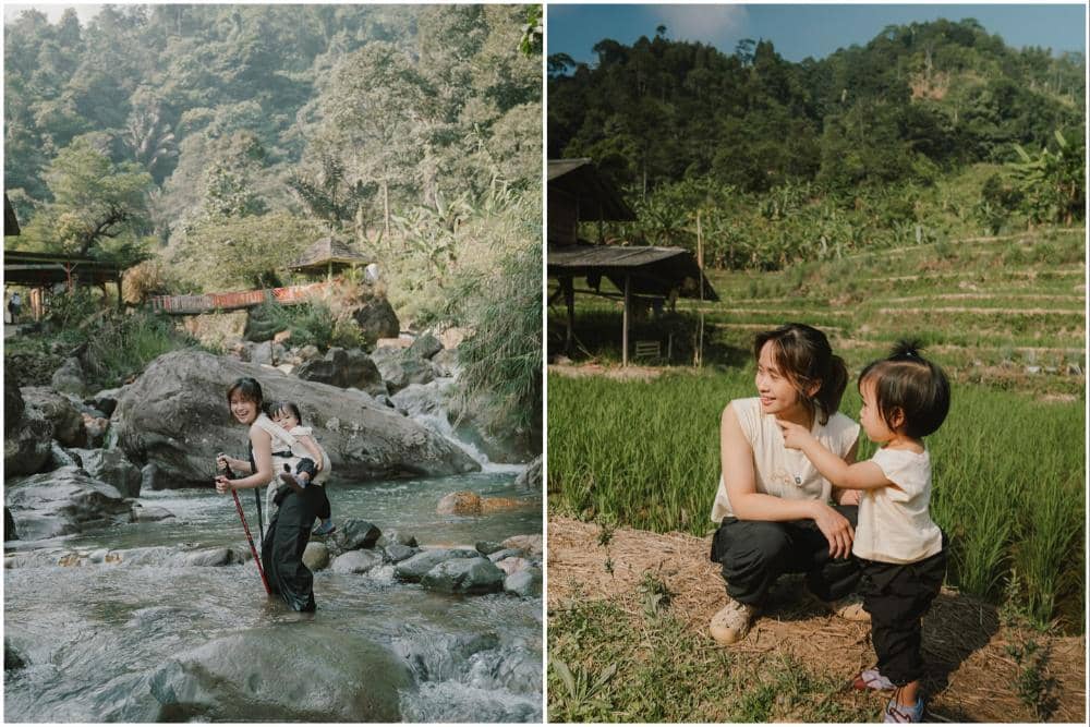 10 Potret Gritte Agatha ajak Anak ke Curug Leuwi Hejo, Seru!