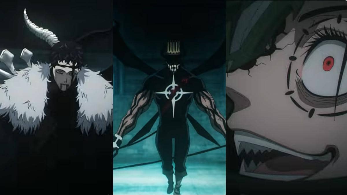 Tiga wujud iblis dari Zogratis bersaudara dalam anime Black Clover, menampilkan karakter dengan tanduk, sayap hitam, dan ekspresi menyeramkan.