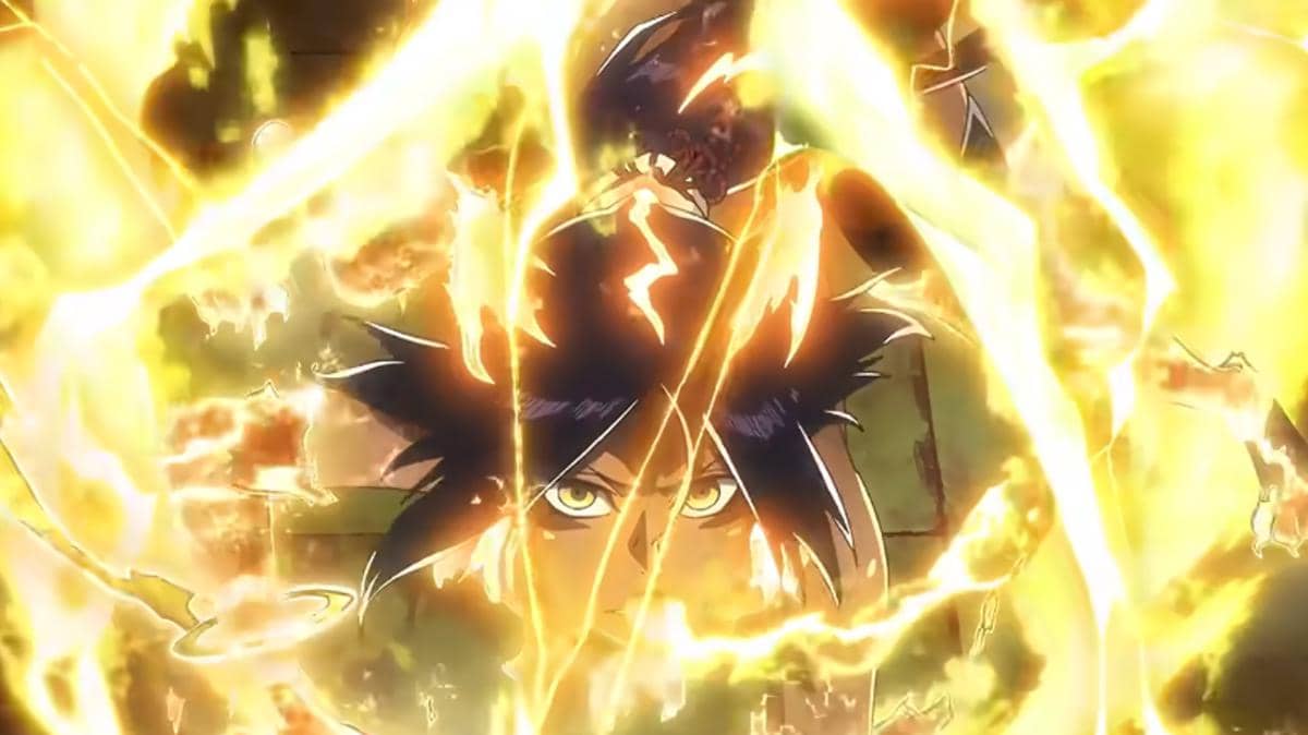 Yoruichi dalam wujud terkuatnya dikelilingi oleh kilatan energi listrik berwarna emas dari cuplikan anime Bleach.