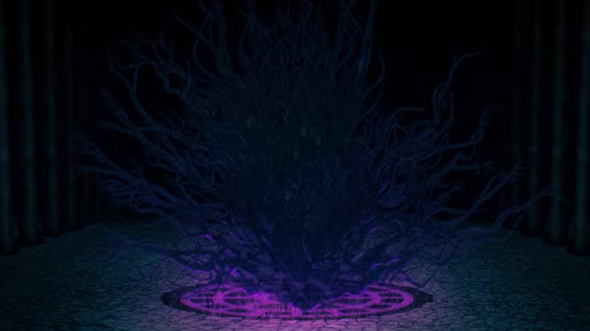 Qliphoth muncul dari lingkaran sihir bercahaya ungu dengan akar hitam menjalar membuka gerbang dunia iblis dalam anime Black Clover.
