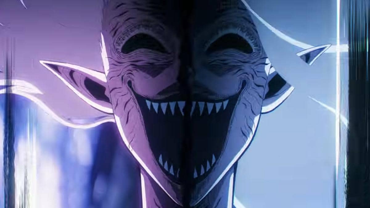 Dua iblis dengan wajah menyeramkan dan senyum lebar menampilkan kontras warna ungu dan biru dalam adegan anime Black Clover.