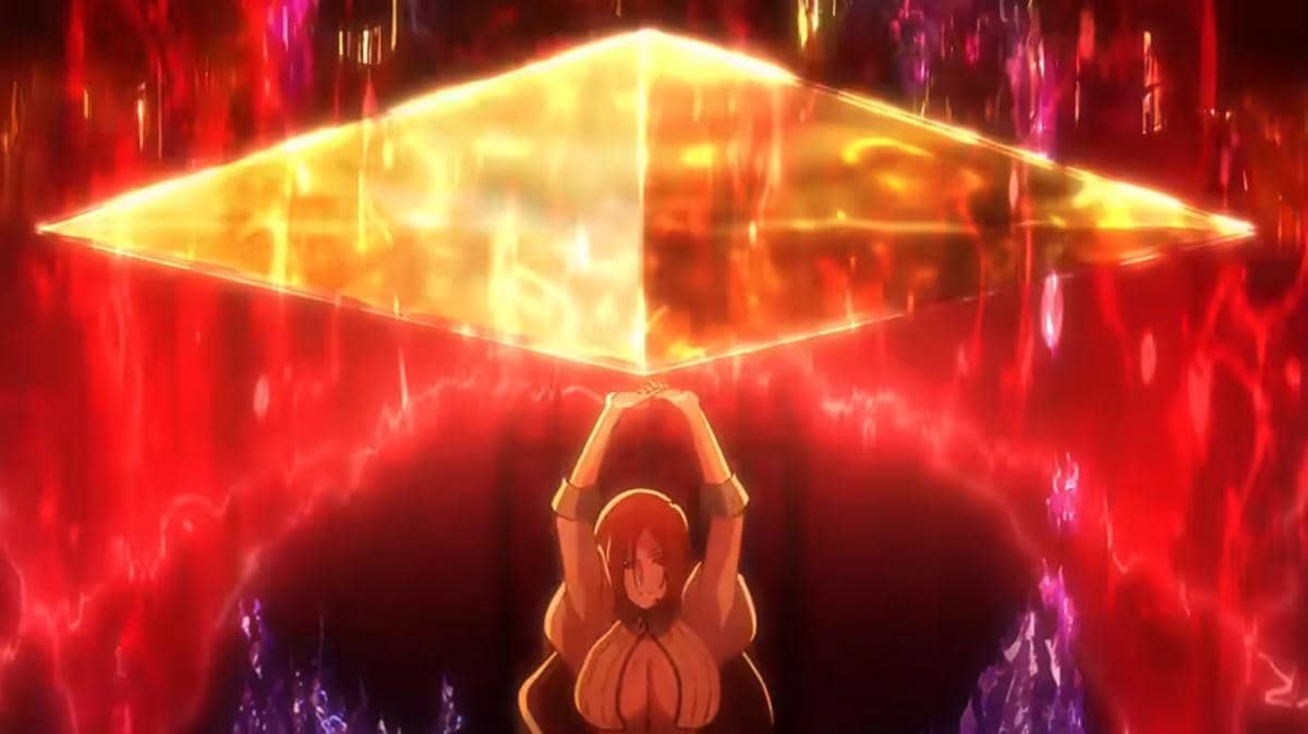 Orihime memunculkan perisai berwarna emas bercahaya di tengah latar merah intens untuk menahan serangan dalam adegan anime Bleach.