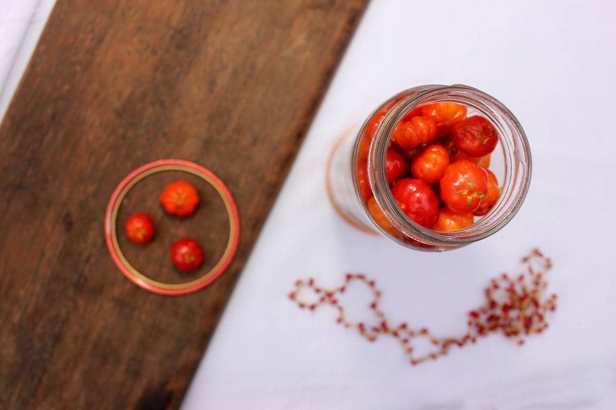 Top view toples berisi asinan ceri merah dengan beberapa buah ceri di atas tutup toples di atas papan kayu dan kain putih.