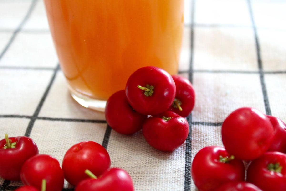 Beberapa buah ceri merah segar di atas kain bermotif kotak dengan segelas cairan berwarna oranye di latar belakang.
