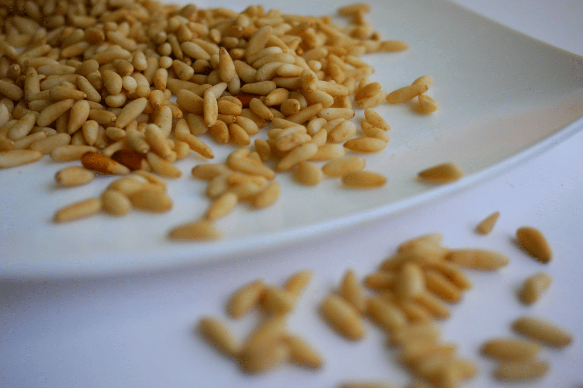 Butiran pasta orzo berwarna keemasan tersusun di atas piring putih dengan beberapa butir tersebar di permukaannya.