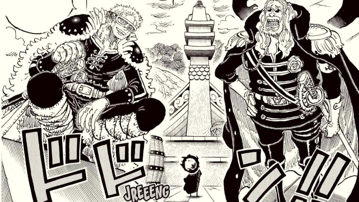 Roronoa Zoro dan Shepherd Sommers berdiri berhadapan di halaman dengan latar menara tinggi dalam panel manga One Piece.